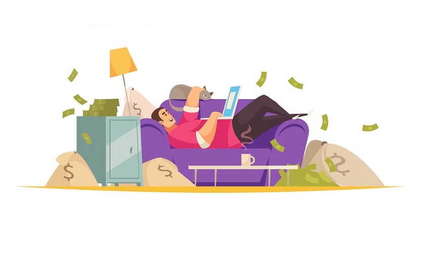 successful entrepreneur laying on a couch with piles of money around him