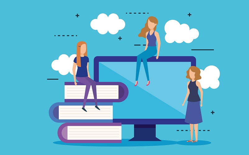 mini people with computer and books vector illustration design
